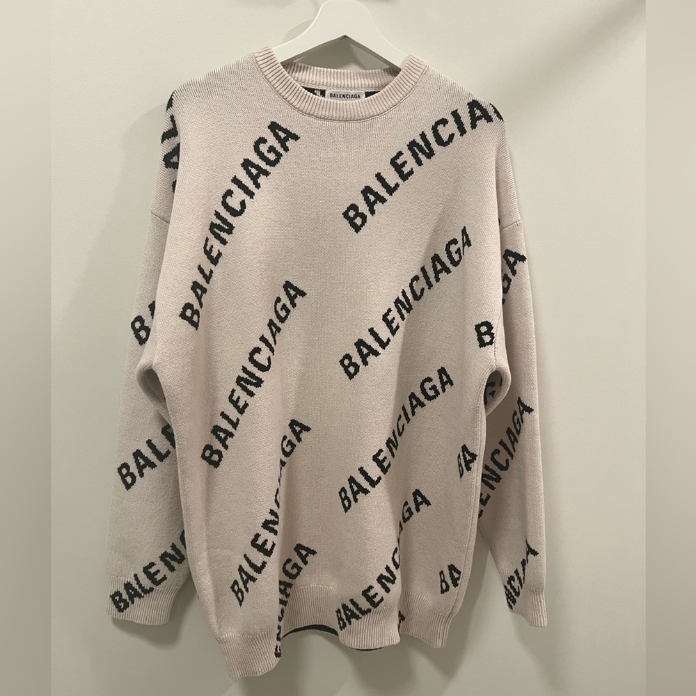 Balenciaga Light Beige And Black Round Neck Allover Logo Pullover Sweater Size S